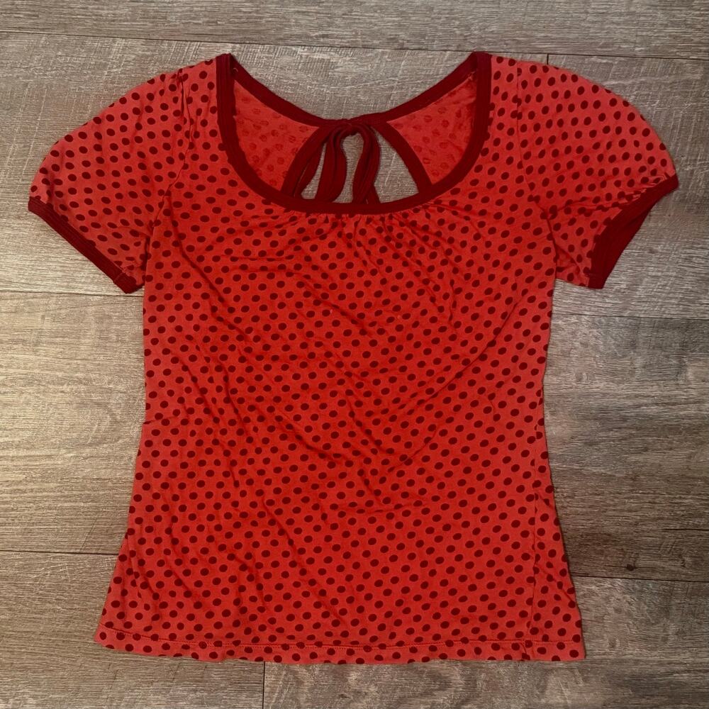 Red Polka Dot 100% Cotton Open Back Ruffle Sleeve Top Medium